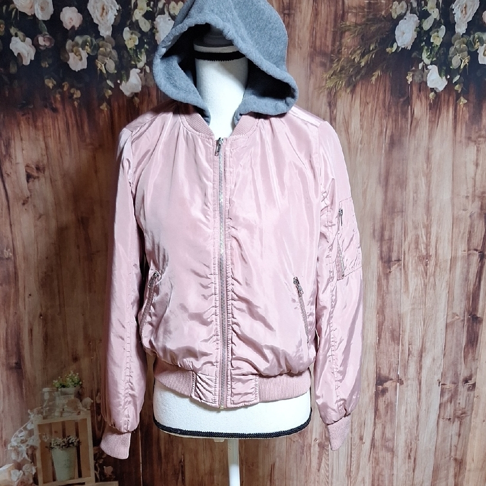 Pink Bomber Jacket with Gray Hood